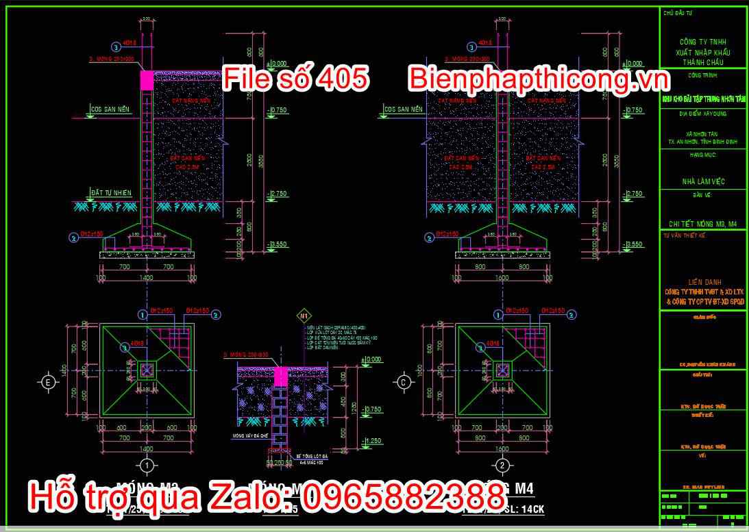 Bản vẽ chi tiết móng đơn trụ sở làm việc nhà 2 tầng cad