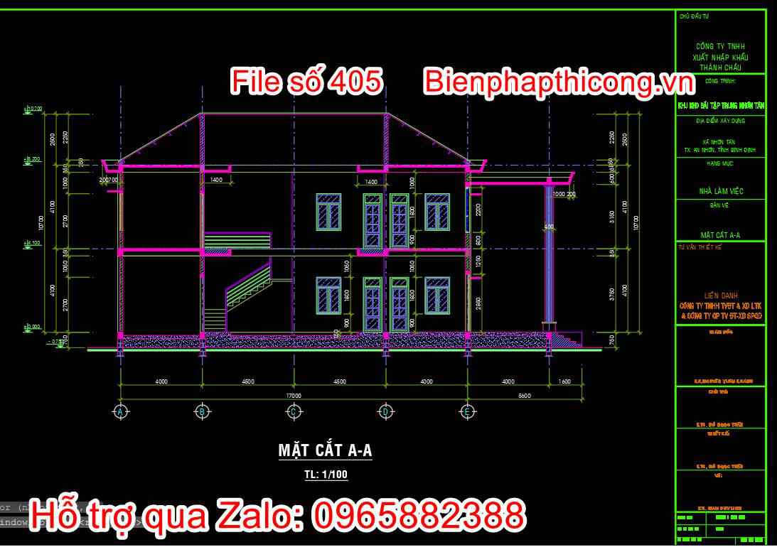 Bản vẽ mặt cắt trụ sở làm việc 2 tầng.