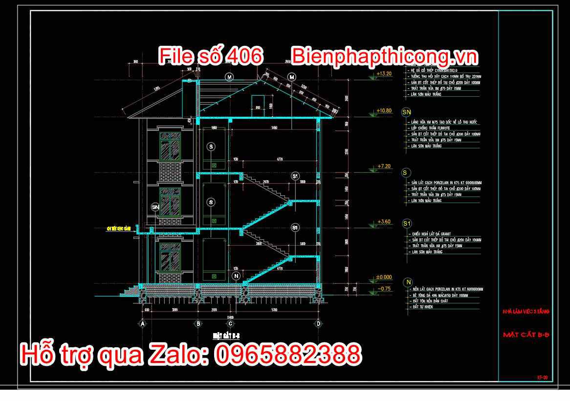 Bản vẽ mặt cắt trụ sở ủy ban xã 3 tầng.