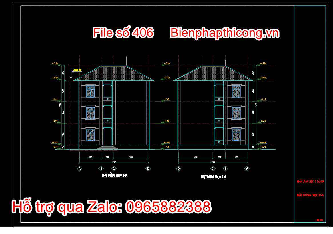 Bản vẽ mặt đứng bên trụ sở ủy ban xã 3 tầng.