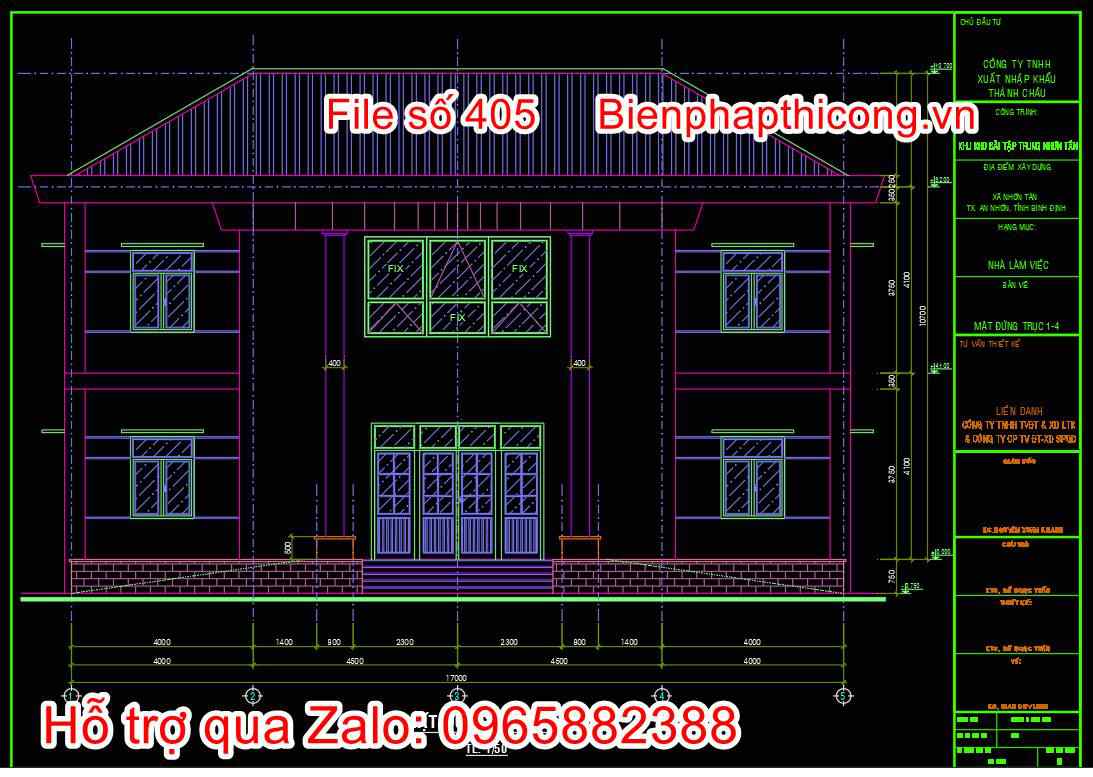 Bản vẽ mặt đứng công trình trụ sở làm việc 2 tầng.