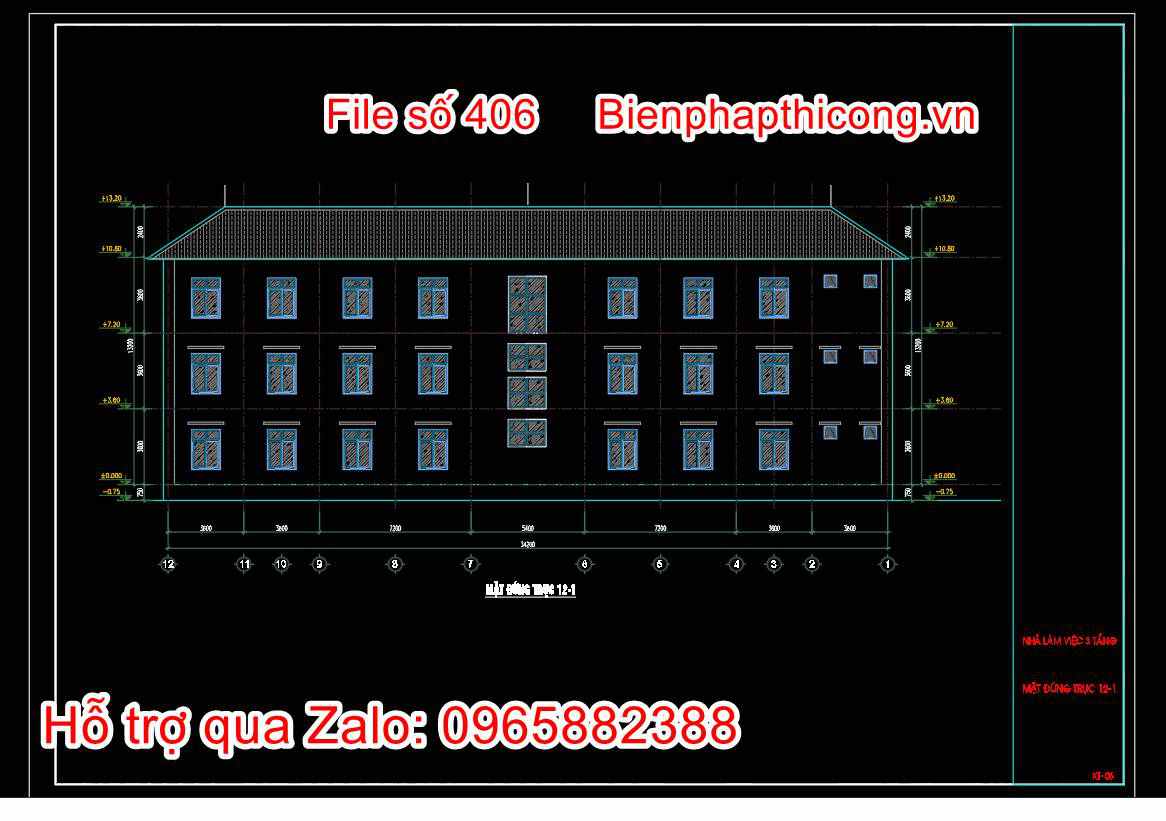 Bản vẽ mặt đứng sau nhà 3 tầng cad
