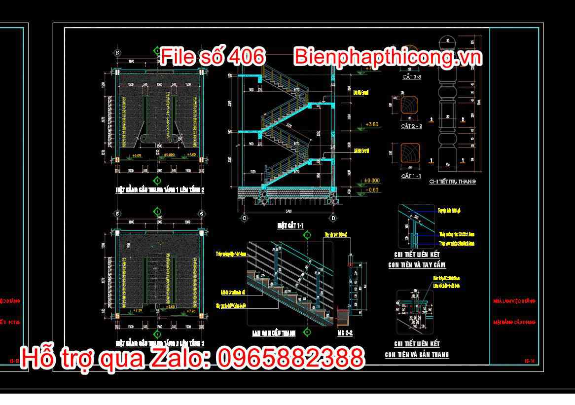Bản vẽ thiết kế cầu thang trụ sở ủy ban xã 3 tầng cad.