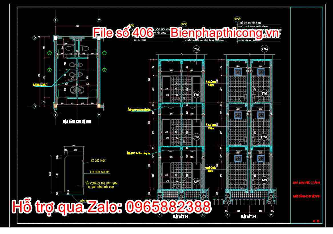 Bản vẽ thiết kế khu vệ sinh trụ sở ủy ban xã.