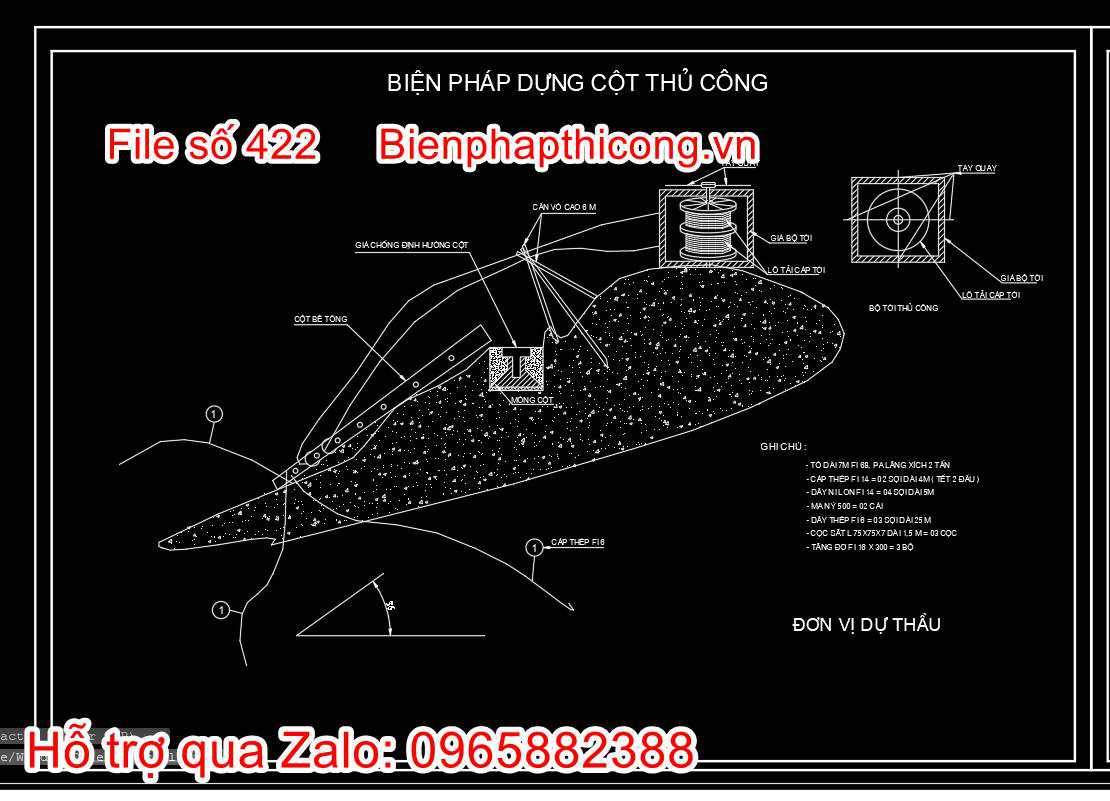Bản vẽ biện pháp dựng cột thủ công cad.