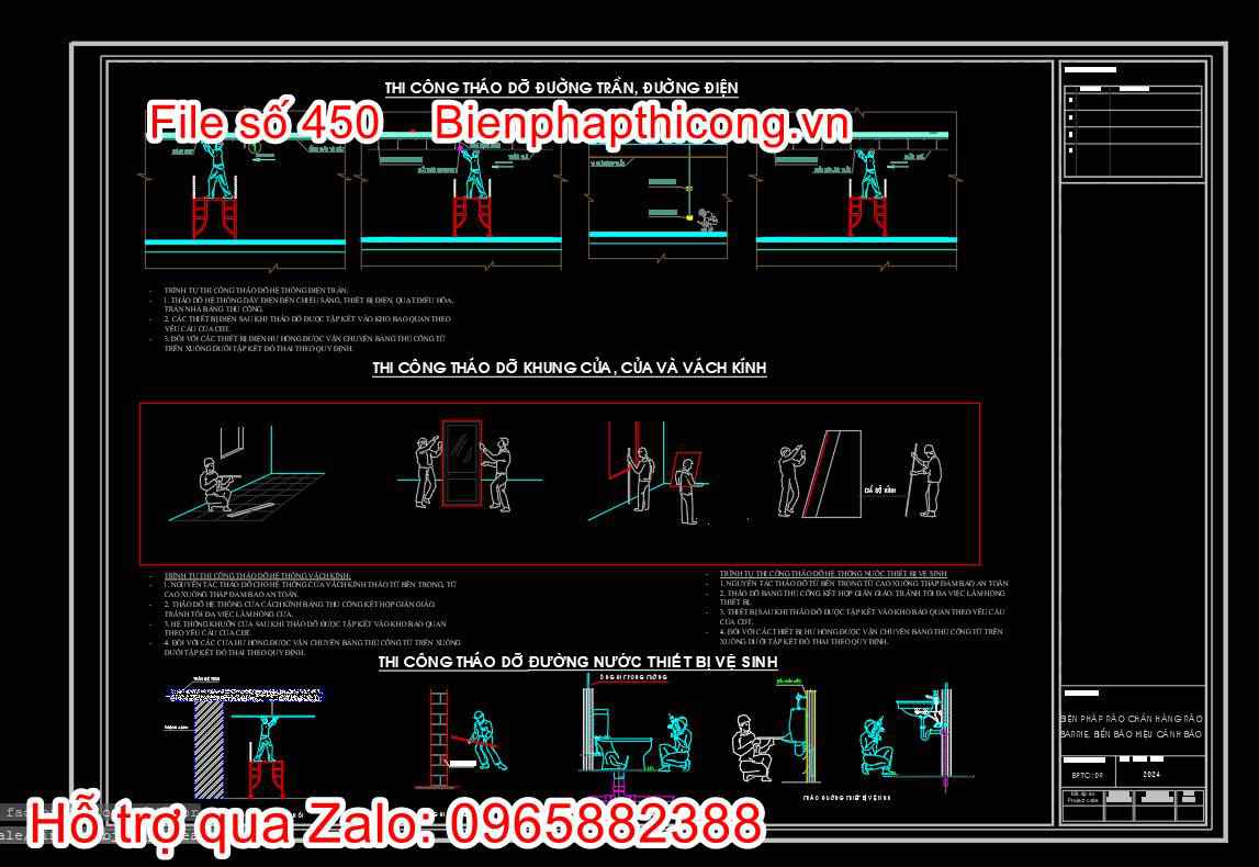 Bản vẽ biện pháp thi công tháo dỡ thiết bị vệ sinh, đường trần, đường điện.