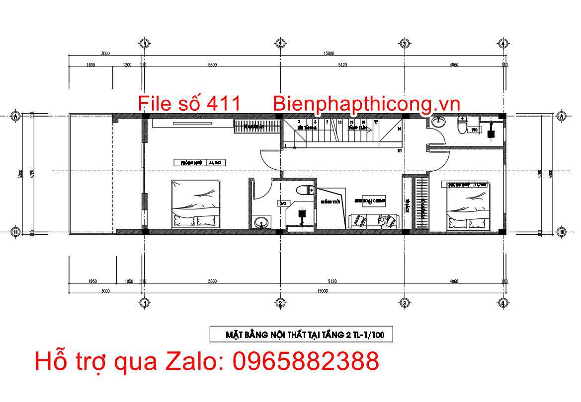 Bản vẽ cad mặt bằng tầng 2 nhà 5m x 15m full cad