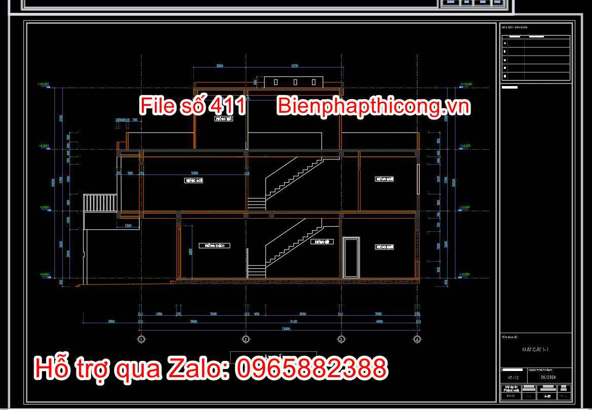 Bản vẽ cad mặt cắt nhà 3 tầng 5m x 15m đẹp