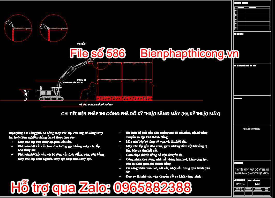 Bản vẽ chi tiết biện pháp thi công phá dỡ kỹ thuật bằng máy