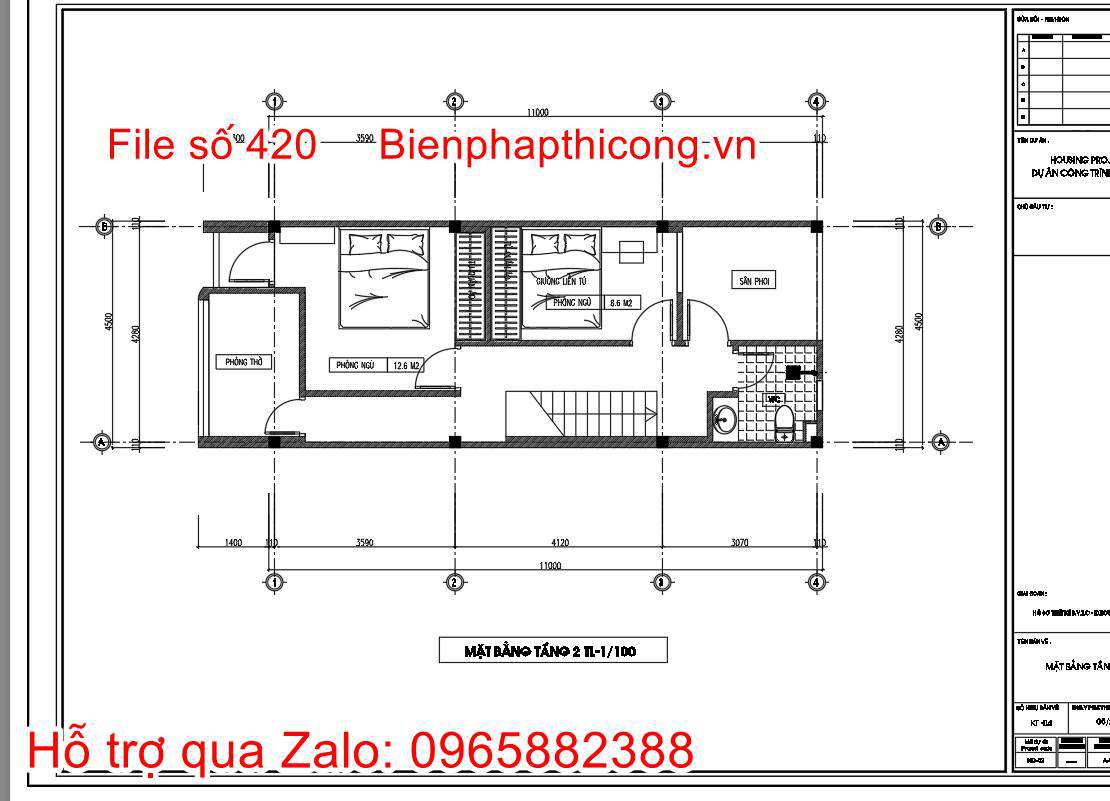 Hồ sơ bản vẽ thiết kế nhà phố 2 tầng 4,5m x 11m full cad 5 Bản vẽ mặt bằng tầng 2 nhà 2 tầng 4,5m x 11m