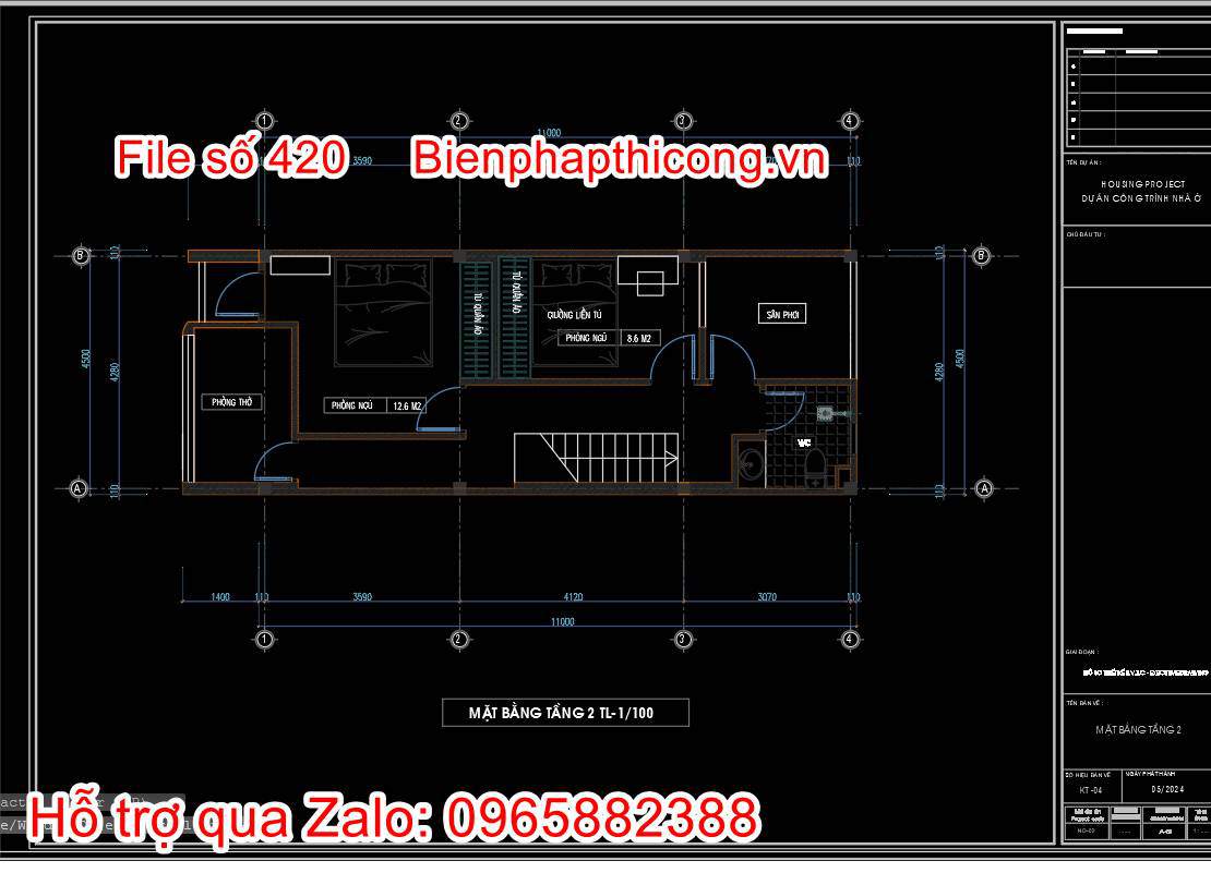 Hồ sơ bản vẽ thiết kế nhà phố 2 tầng 4,5m x 11m full cad 7 Bản vẽ mặt bằng tầng 2 nhà 2 tầng cad.
