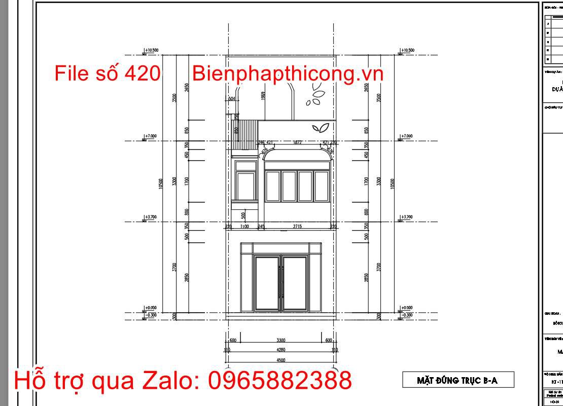 Hồ sơ bản vẽ thiết kế nhà phố 2 tầng 4,5m x 11m full cad 8 Bản vẽ mặt đứng công trình nhà ở 2 tầng.