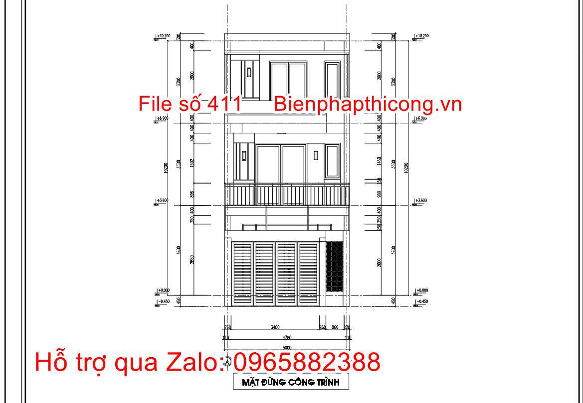 Bản vẽ mặt đứng nhà 3 tầng 5m x 15m đẹp