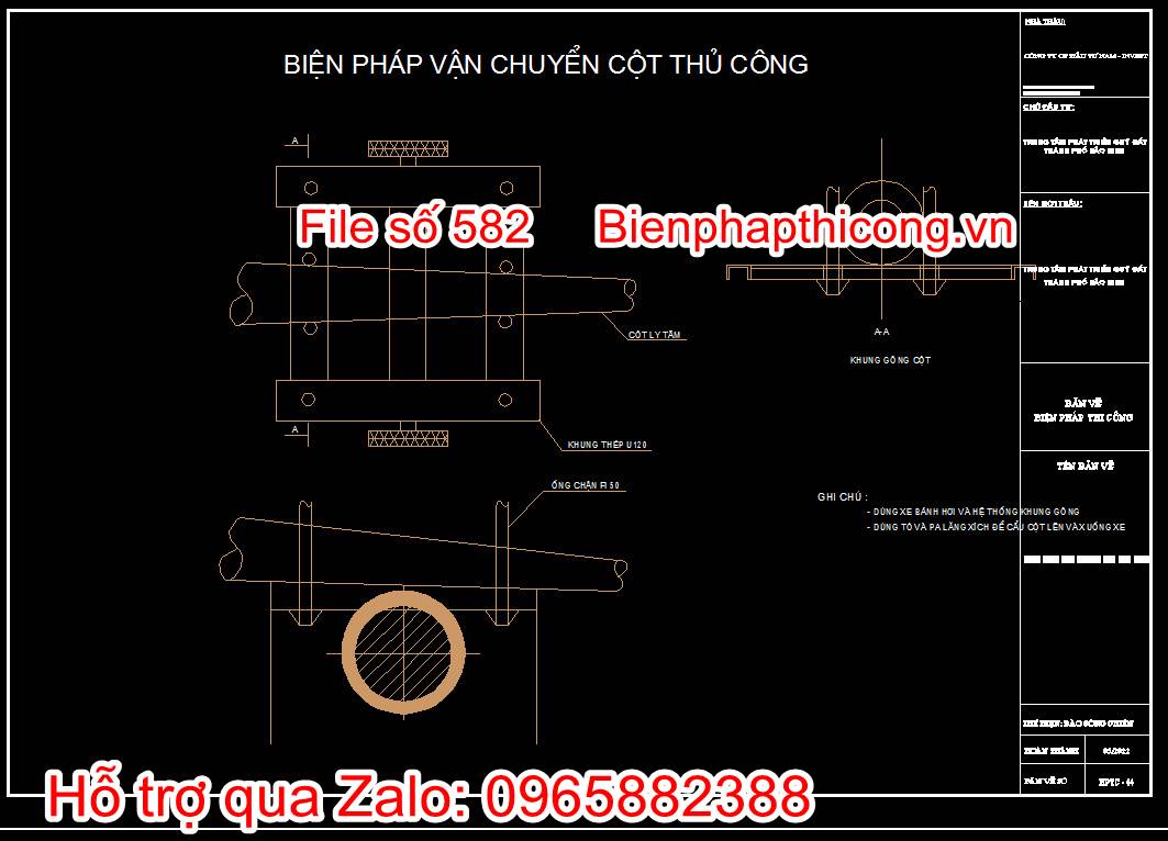 Bản vẽ biện pháp thi công công trình hạ tầng kỹ thuật cad. 29 Bản vẽ biện pháp vận chuyển cột thủ công 2