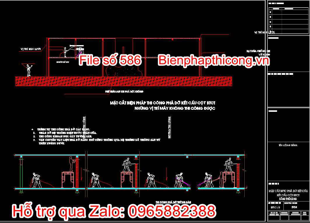 Bản vẽ mặt cắt biện pháp thi công phá dỡ kết cấu, kết cấu cột bê tông cốt thép