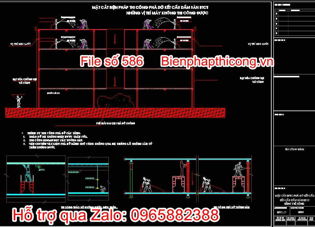 Bản vẽ mặt cắt biện pháp thi công phá dỡ kết cấu, kết cấu dầm sàn bê tông cốt thép