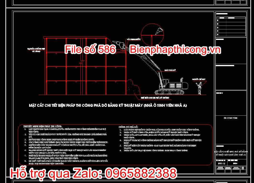 Bản vẽ mặt cắt chi tiết biện pháp thi công phá dỡ bằng kỹ thuật máy
