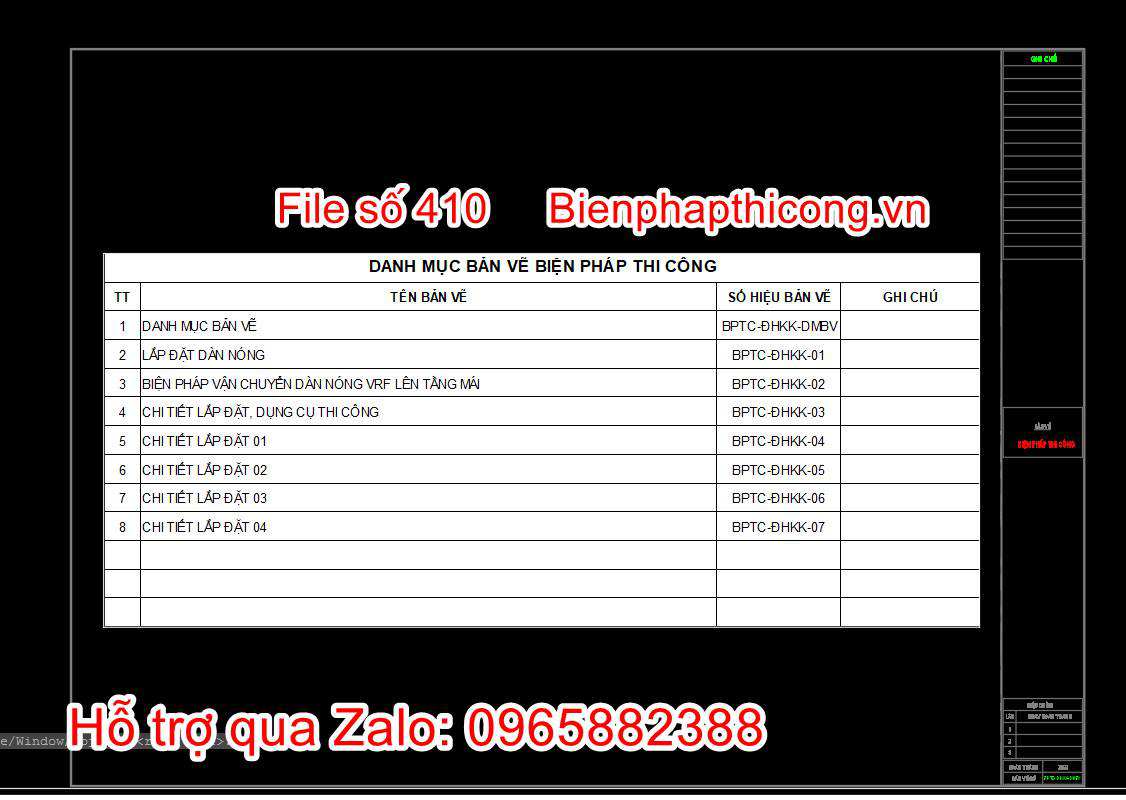 Danh mục bản vẽ biện pháp thi công điều hòa không khí âm trần.