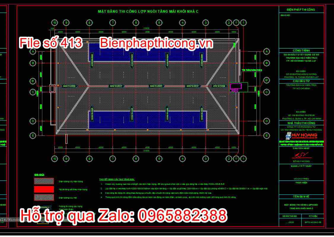 Mặt bằng biện pháp thi công lợp mái ngói cad.