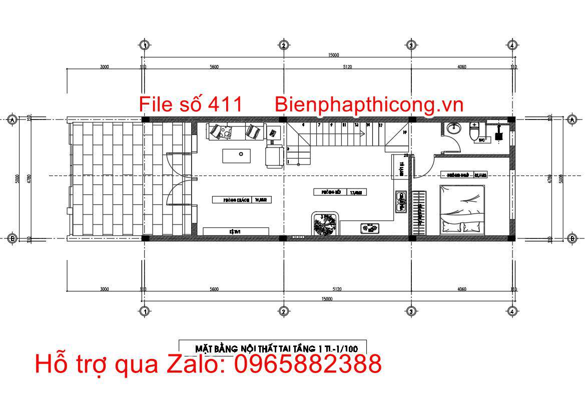 Mặt bằng tại tầng 1 nhà 3 tầng 5m x 15m đẹp.