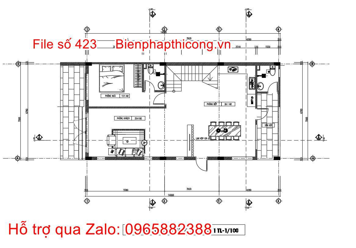 Mặt bằng tại tầng 1 nhà 7m x 14m đẹp