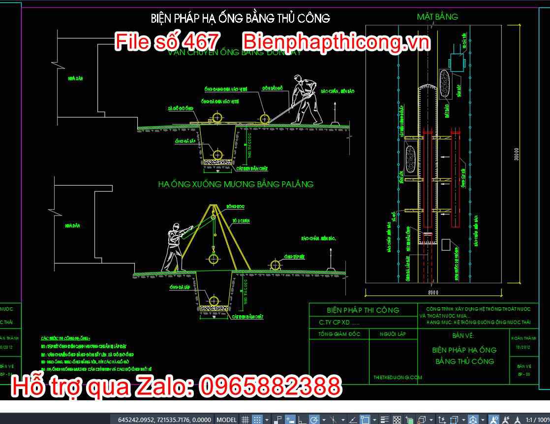 Bản vẽ biện pháp thi công hạ ống bằng thủ công.
