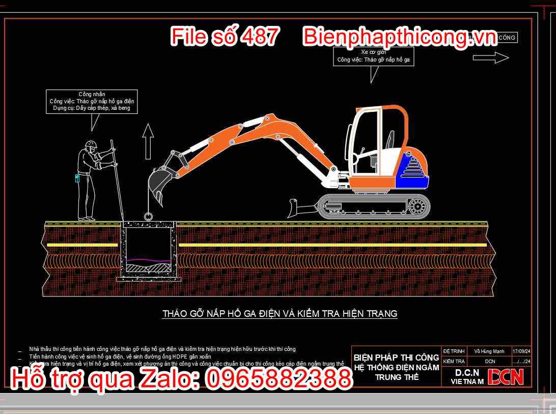 Bản vẽ biện pháp thi công kéo cáp điện ngầm trung thế cad 2 Bản vẽ thi công tháo dỡ nắp hố ga điện và kiểm tra hiện trạng.