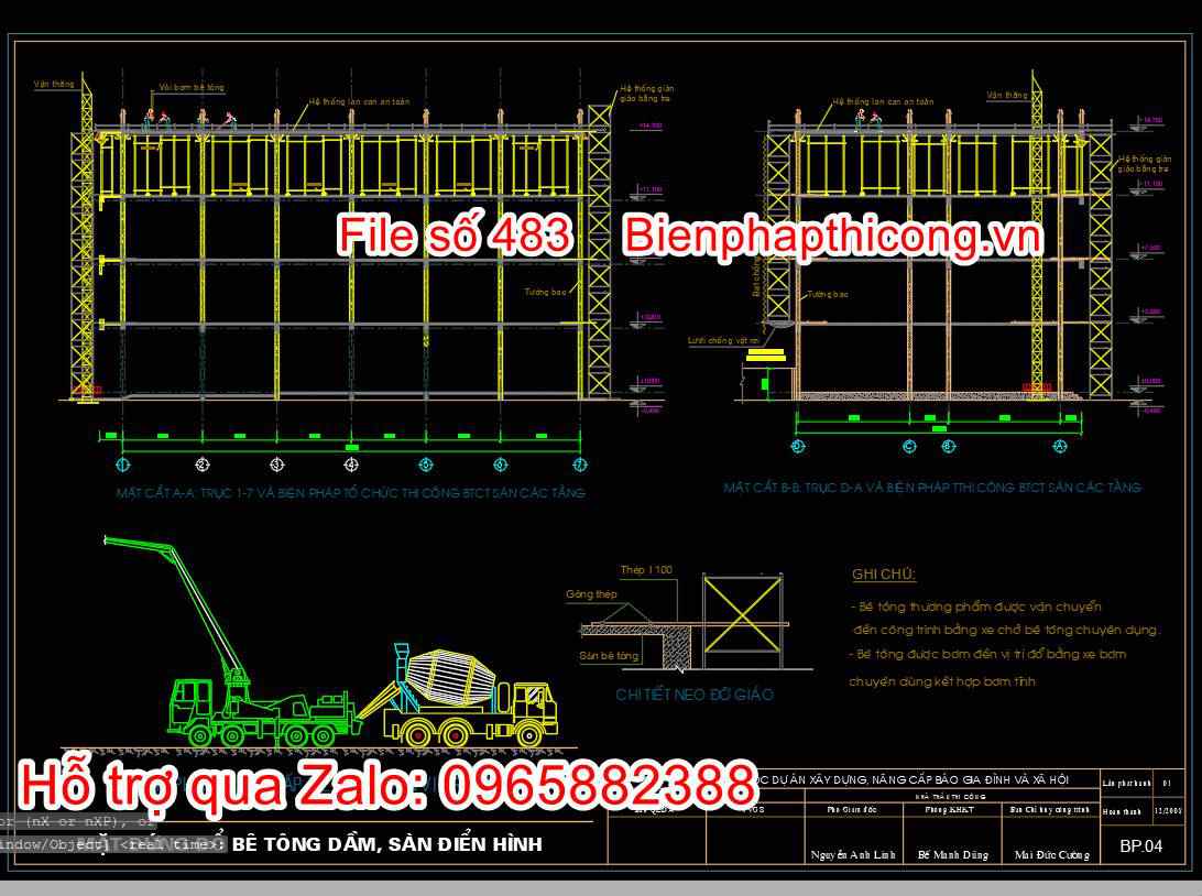 Mặt đứng biện pháp đổ bê tông sàn cốp pha gỗ.