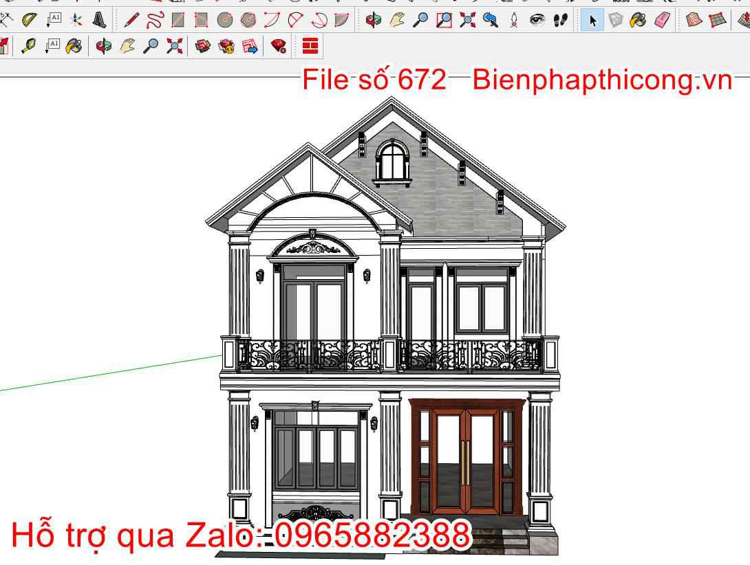 Bản vẽ 3d sketchup biệt thự 2 tầng mái thái.