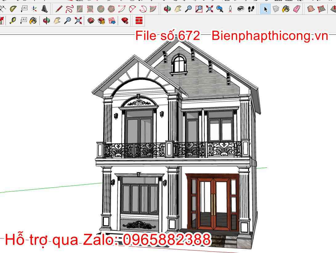 Bản vẽ biệt thự 2 tầng mái thái sketchup.