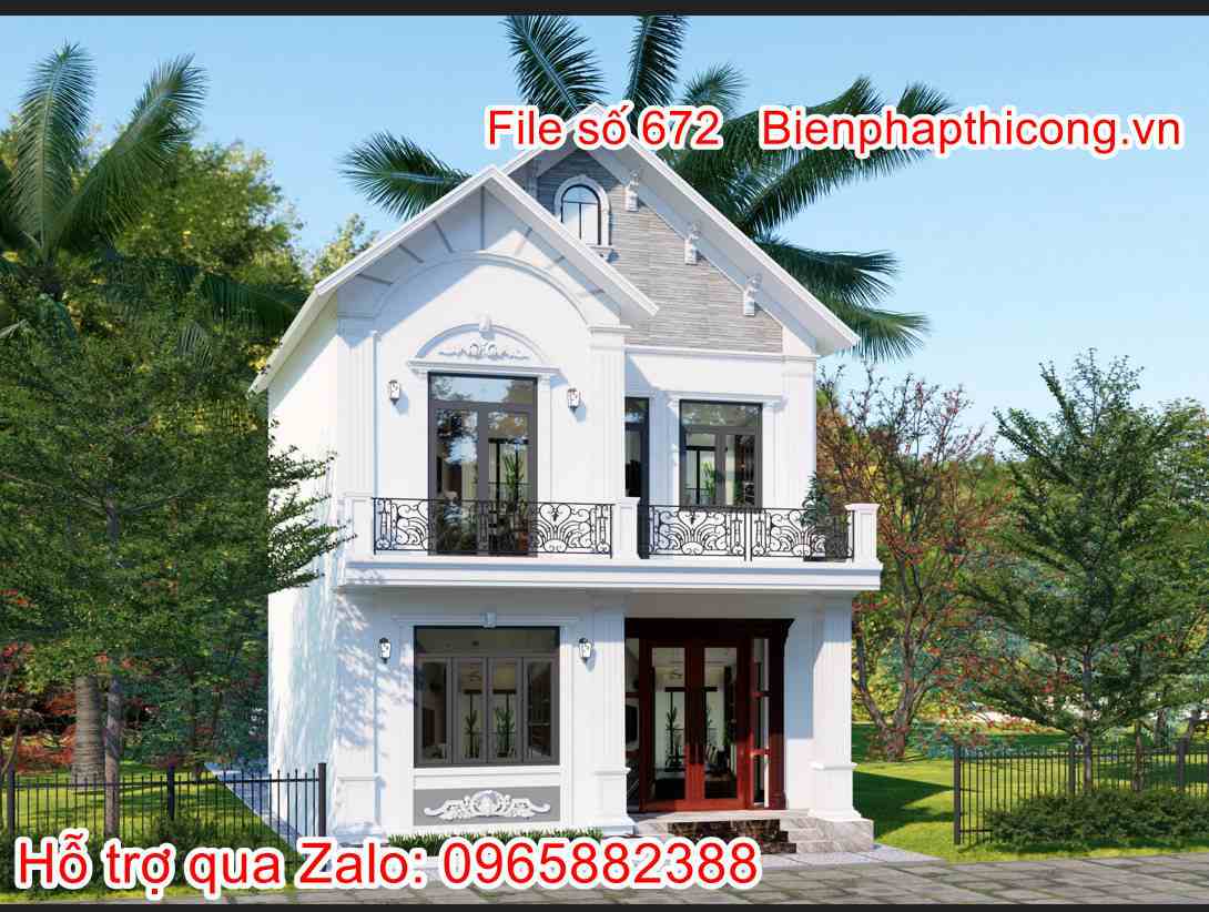 Bản vẽ biệt thự 2 tầng tân cổ mặt tiền 8m x 14m.