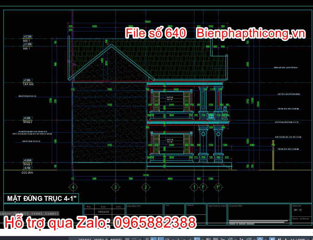 Bản vẽ cad mặt đứng 2 tầng biệt thự mái thái tân cổ đẹp.