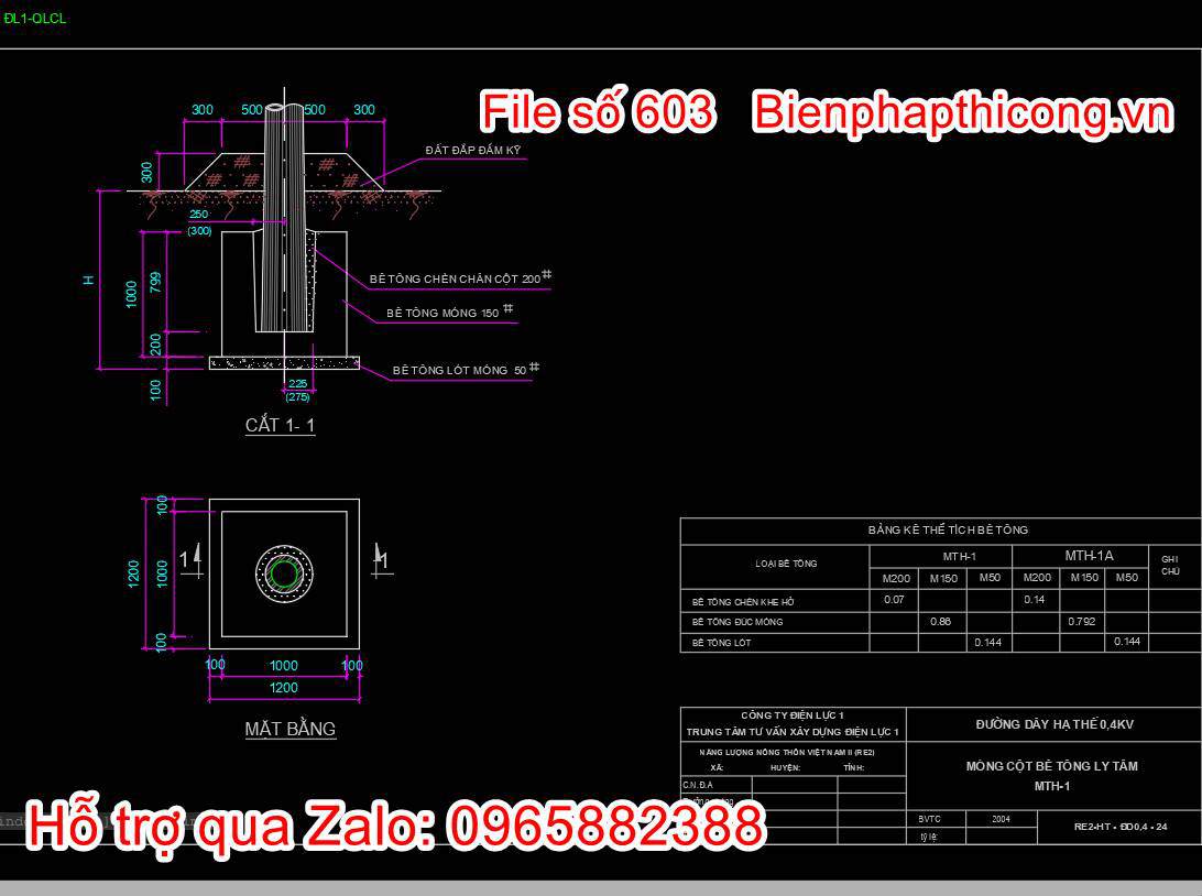 Bản vẽ cad móng cột bê tông ly tâm.