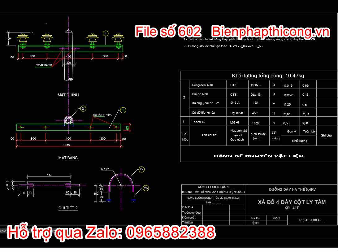 Bản vẽ cad xà đỡ 4 dây cột ly tâm