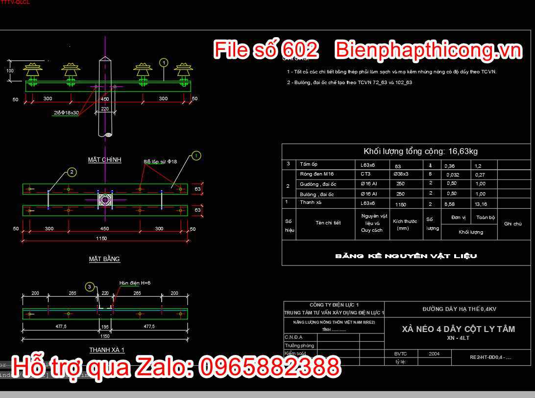 Bản vẽ cad xà néo 4 dây cột ly tâm.