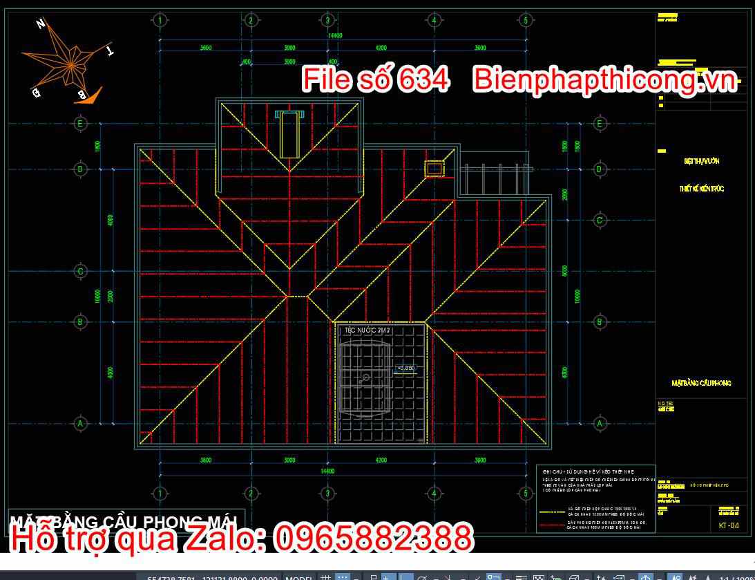 Bản vẽ mặt bằng cầu phong mái nhà 1 tầng mái nhật 14m x 10m