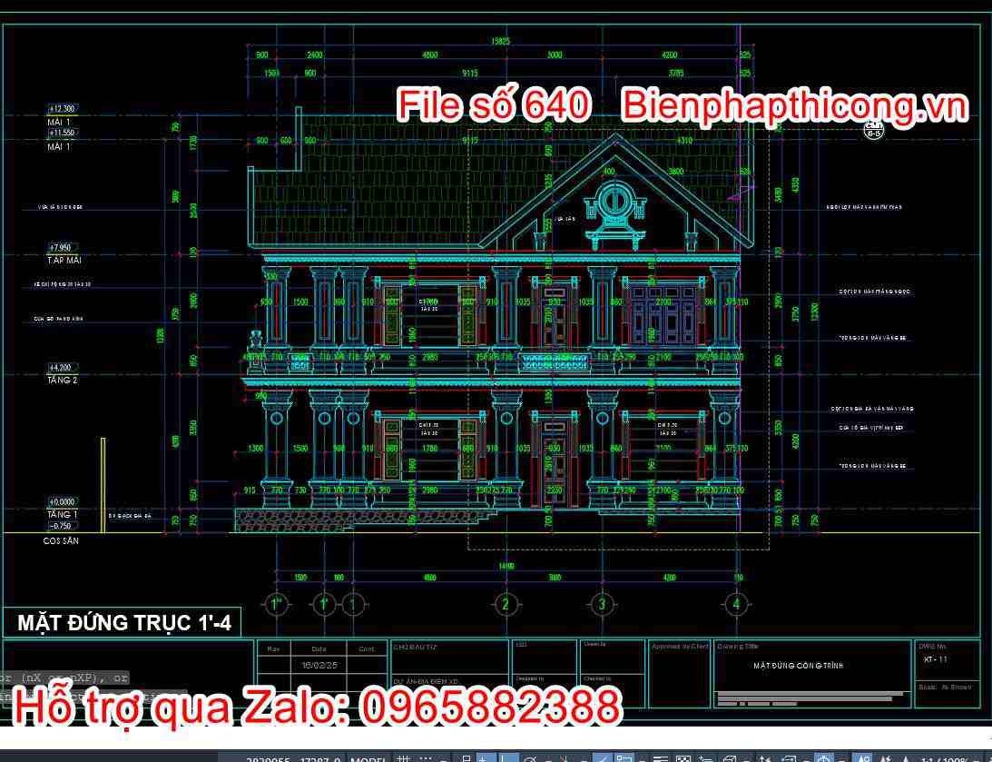 Bản vẽ mặt đứng biệt thự 2 tầng mái thái cad đẹp.