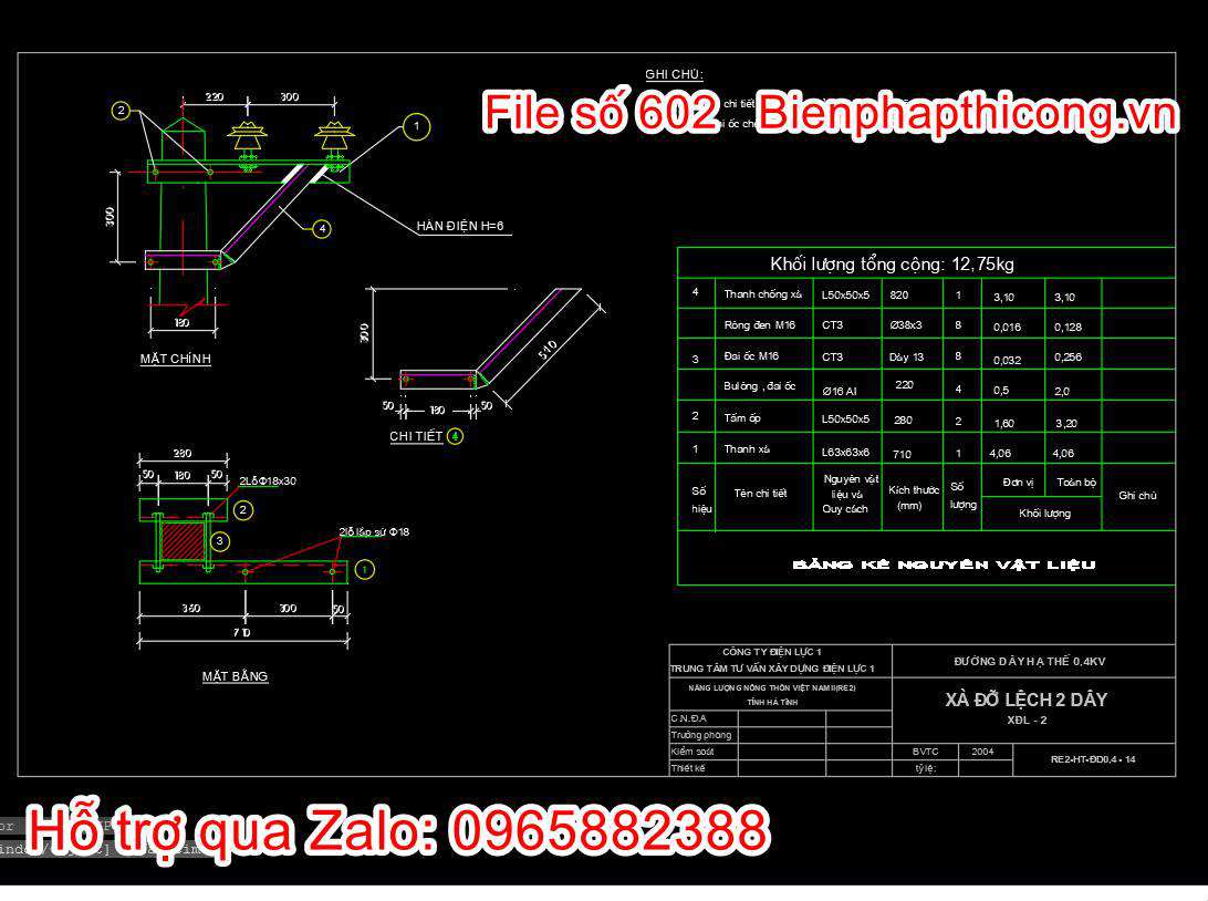 Bản vẽ thiết kế xà đỡ lệch 2 dây autocad