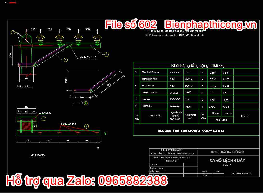 Bản vẽ thiết kế xà đỡ lệch 4 dây autocad.