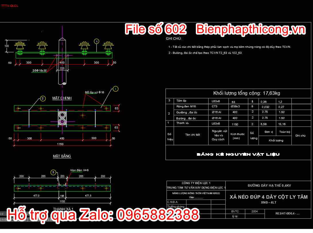 Bản vẽ thiết kế xà néo đúp 4 dây cột ly tâm autocad.