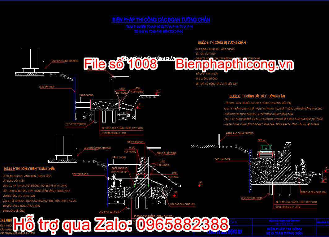 Bản vẽ biện pháp thi công bệ và thân tường chắn