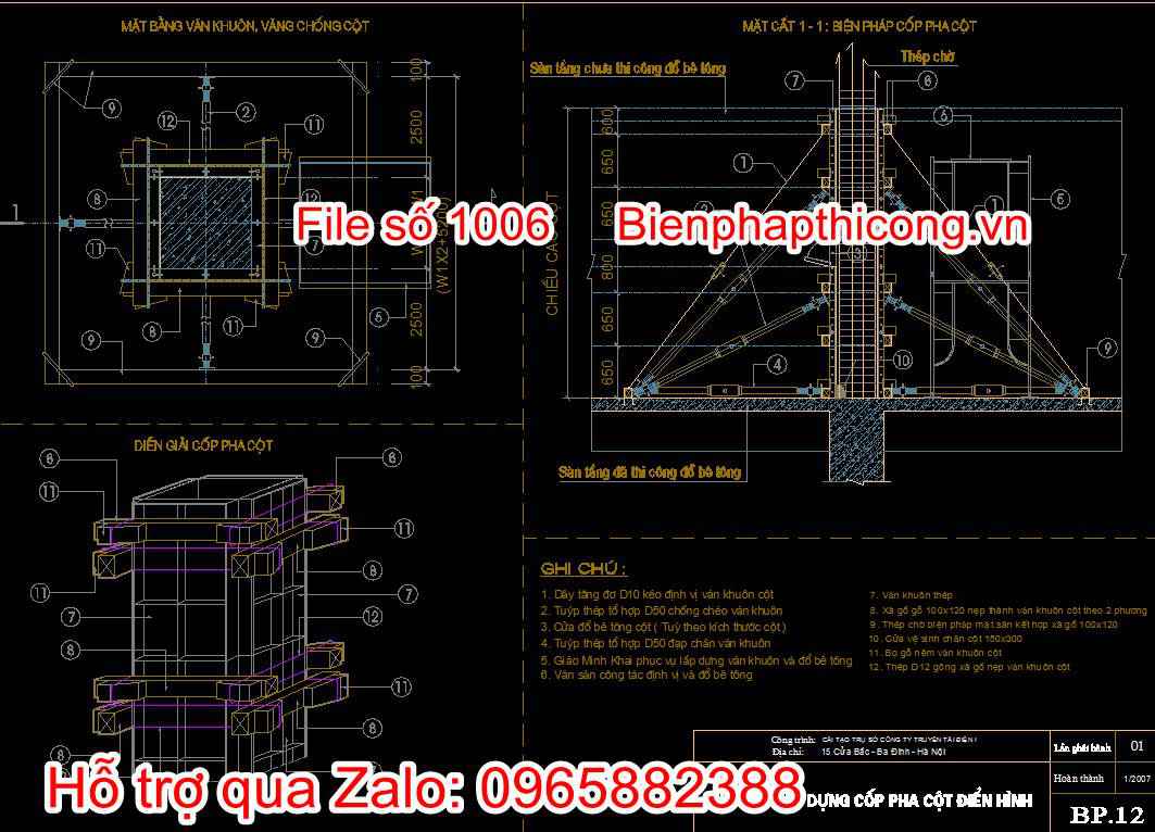 Bản vẽ chi tiết lắp dựng cốp pha cột điển hình