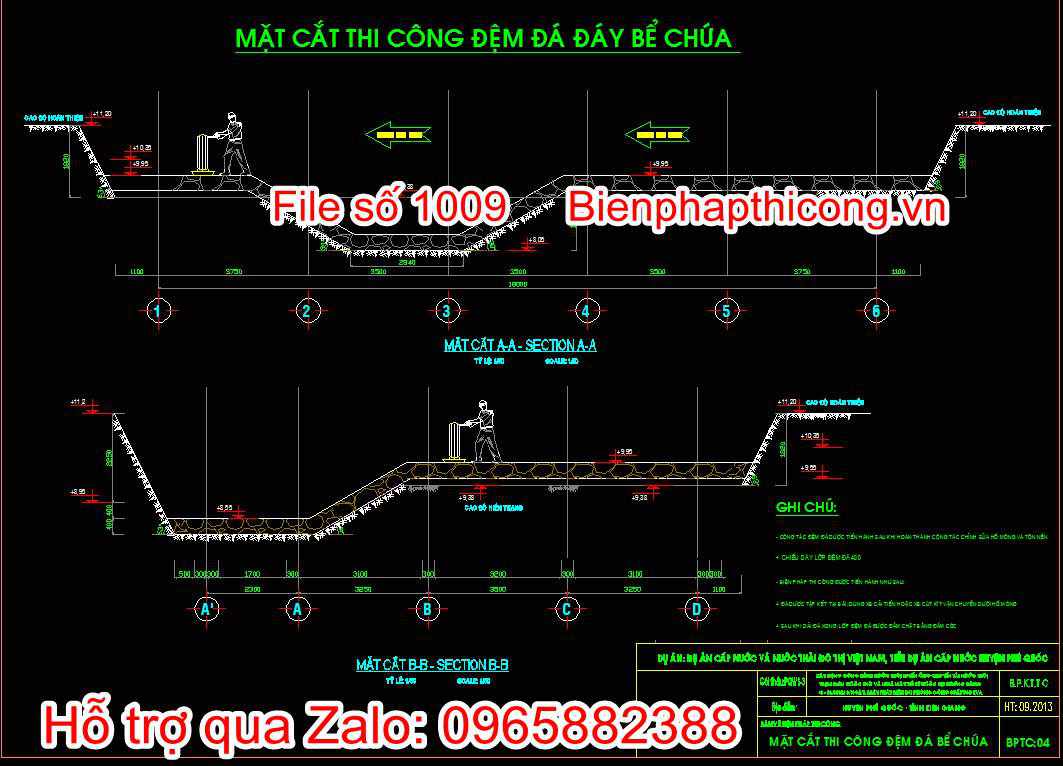Bản vẽ mặt cắt thi công đệm đá đáy bể chứa