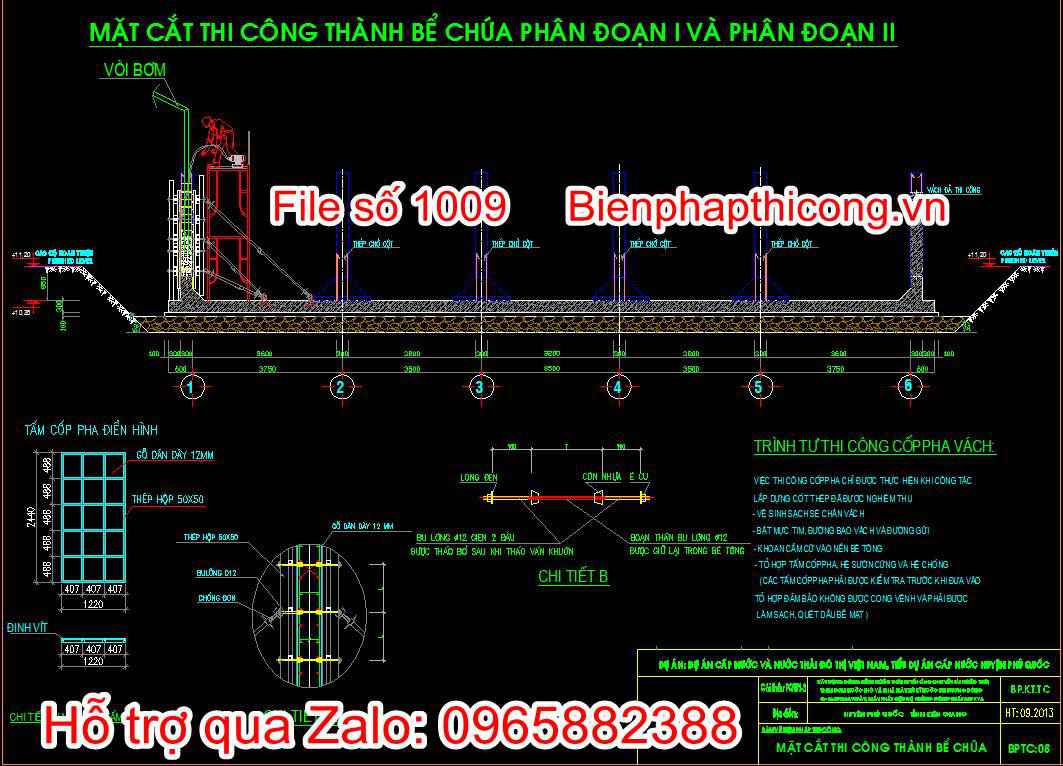 Bản vẽ mặt cắt thi công thành bể chứa