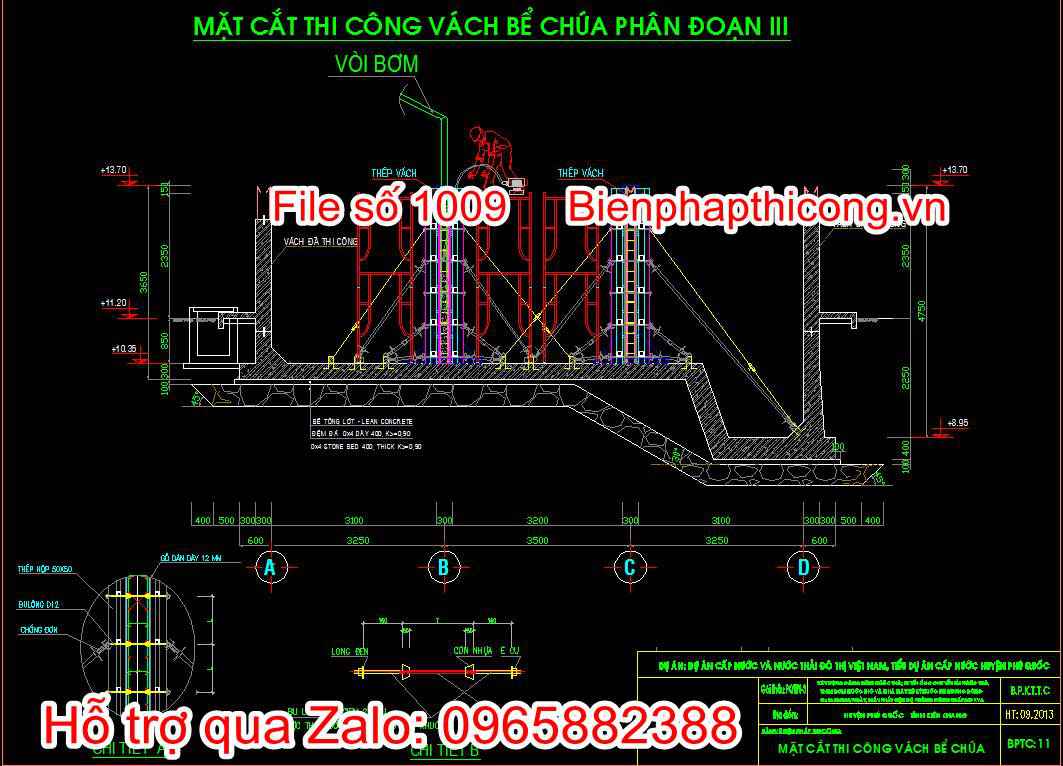 Bản vẽ mặt cắt thi công vách bể chứa