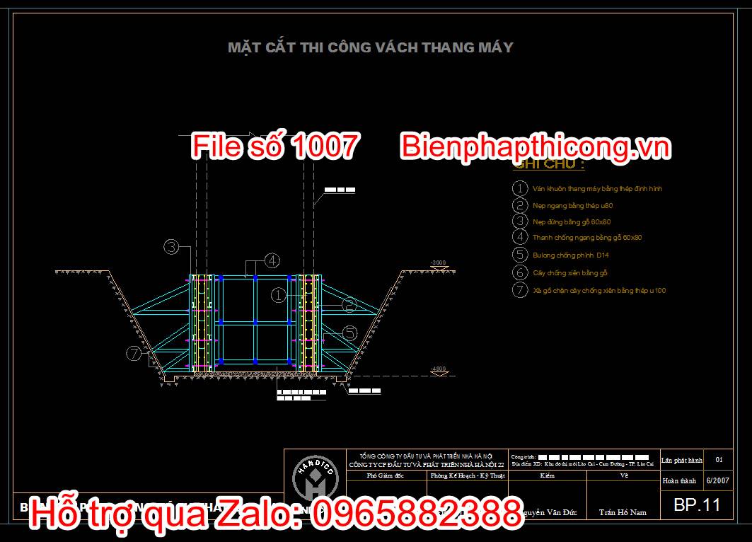 Bản vẽ mặt cắt thi công vách thang máy