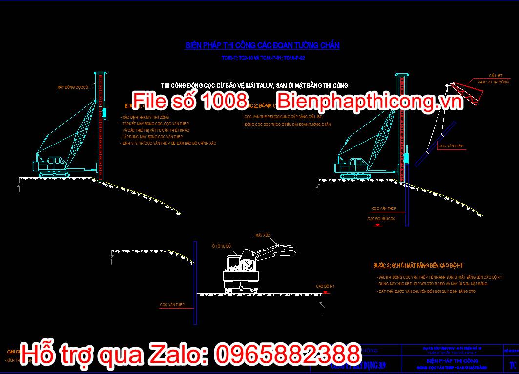 Bản vẽ biện pháp thi công đóng cọc cừ bảo vệ mái Taluy, san ủi mặt bằng thi công