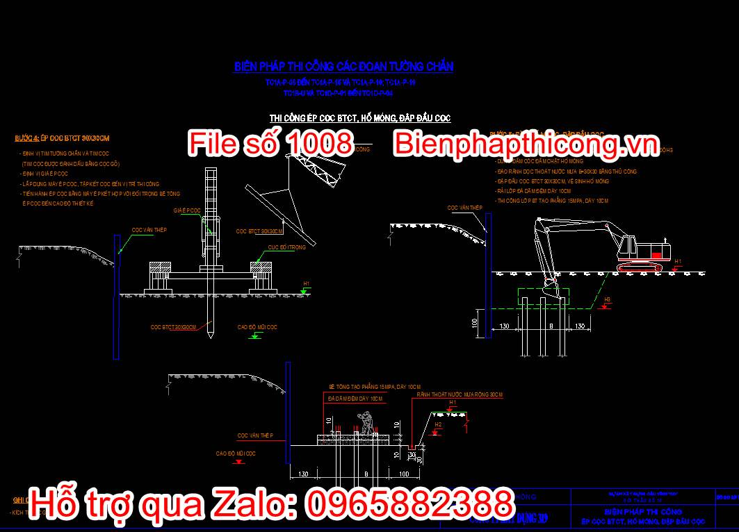 Bản vẽ thi công ép cọc bê tông cốt thép, hố móng, đập đầu cọc