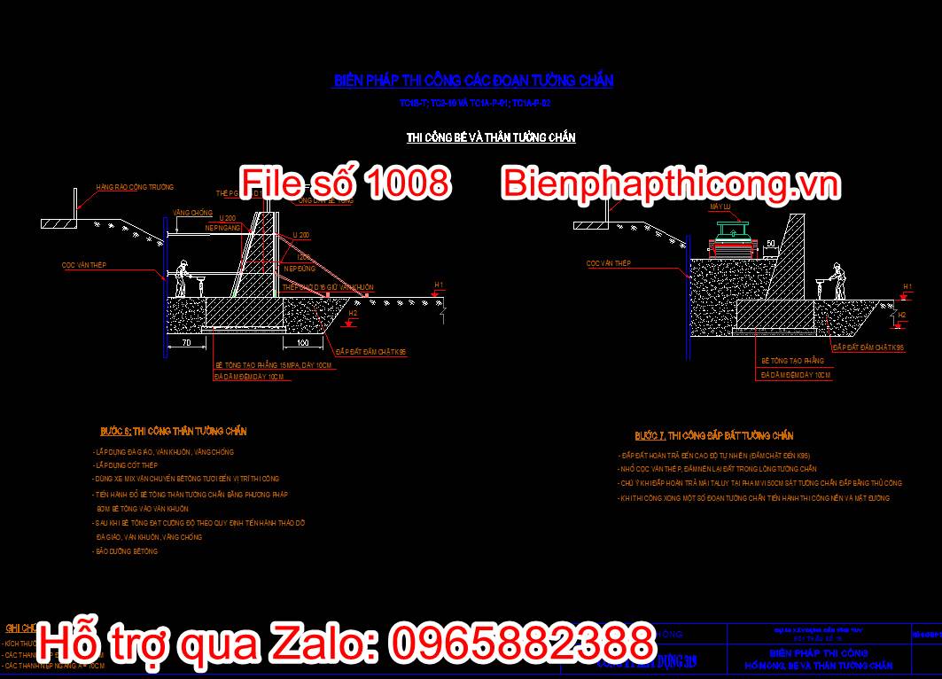 Bản vẽ thi công bệ và thân tường chắn
