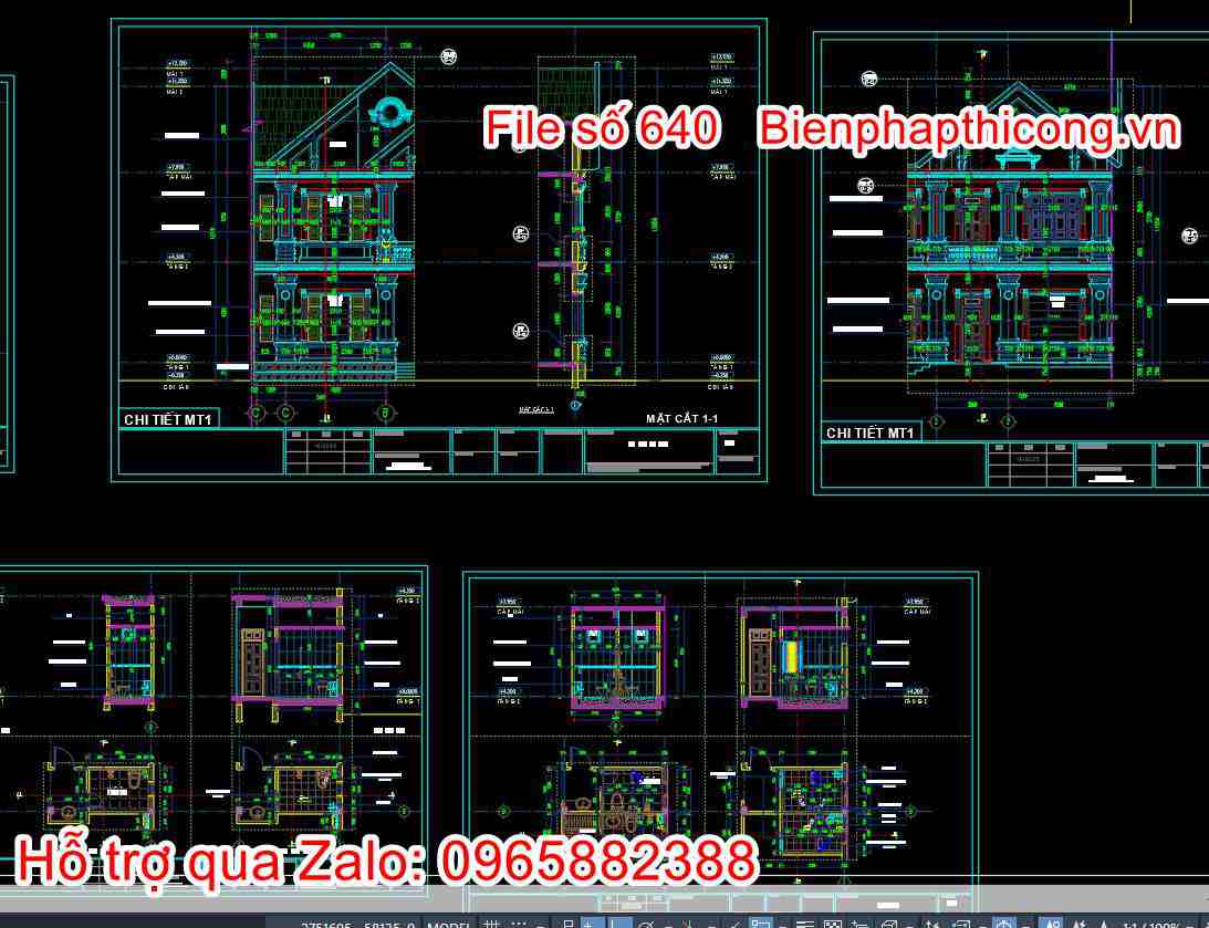 Chi tiết trang trí biệt thự 2 tầng mái thái cad 12m x 15m